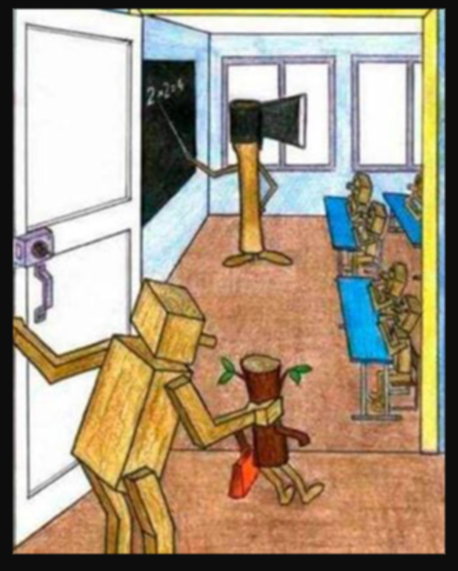 A classroom scene with wooden block figures: a tall figure with a megaphone at the chalkboard, addressing others while two smaller blocks watch nearby.