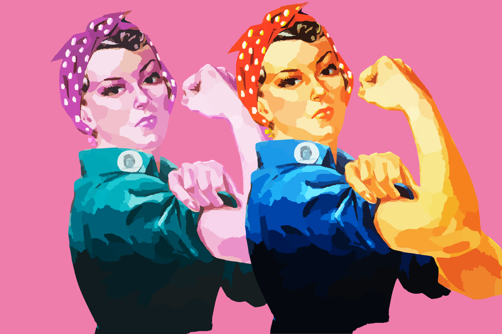 Two women in retro bandanas strike strong poses against a pink background, evoking Rosie the Riveter empowerment.
